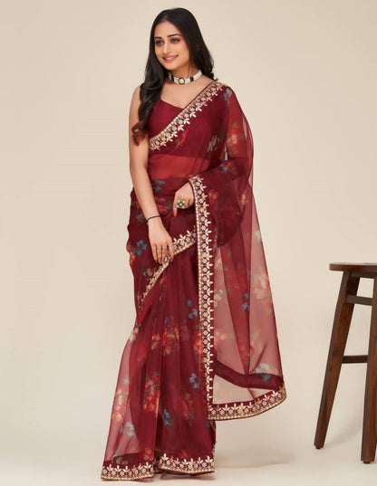 Maroon floral printed dori work organza saree