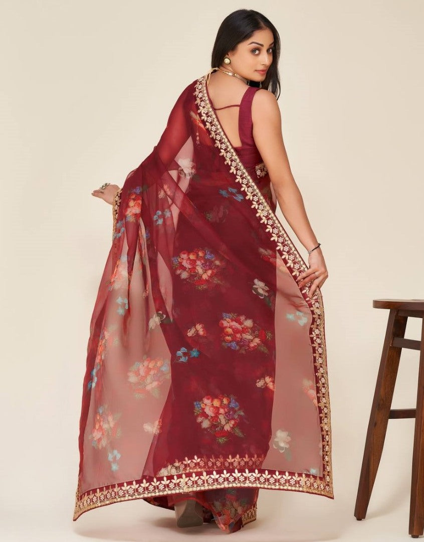 Maroon floral printed dori work organza saree