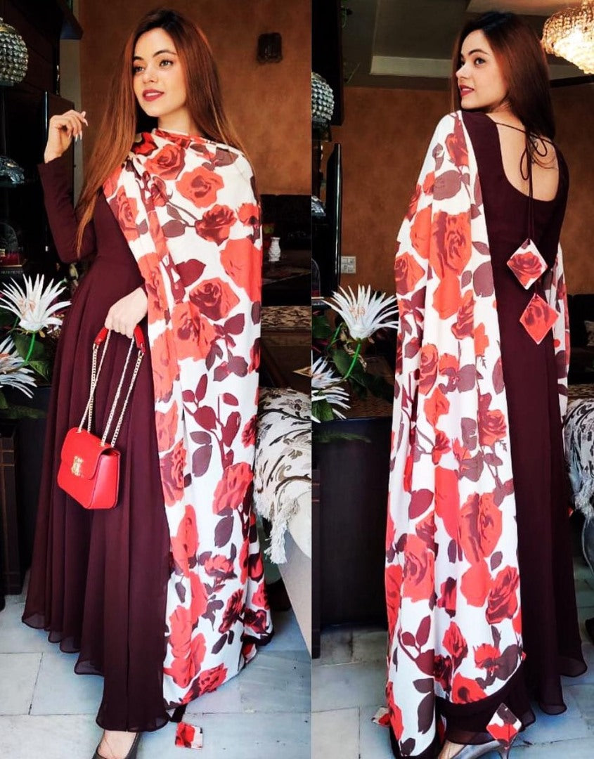 Maroon georgette anarkali gown with flower printed dupatta
