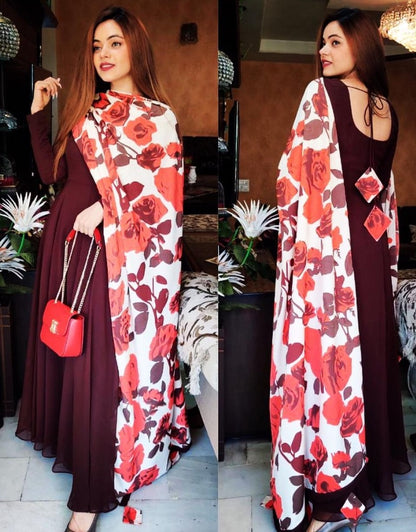 Maroon georgette anarkali gown with flower printed dupatta