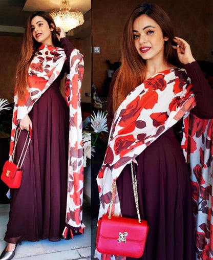Maroon georgette anarkali gown with flower printed dupatta