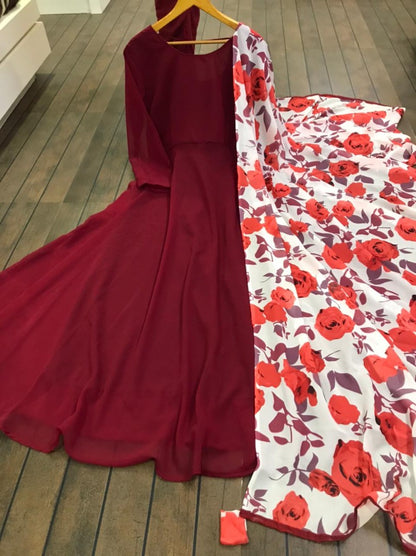 Maroon georgette anarkali gown with flower printed dupatta