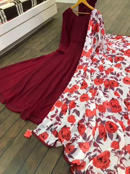 Maroon georgette anarkali gown with flower printed dupatta
