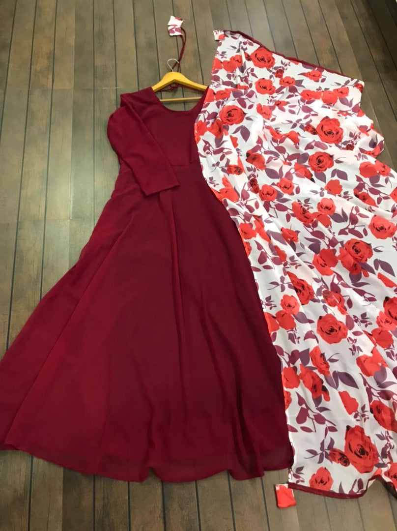 Maroon georgette anarkali gown with flower printed dupatta