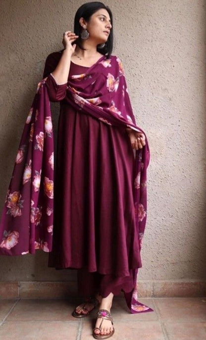 Maroon georgette anarkali suit with printed dupatta