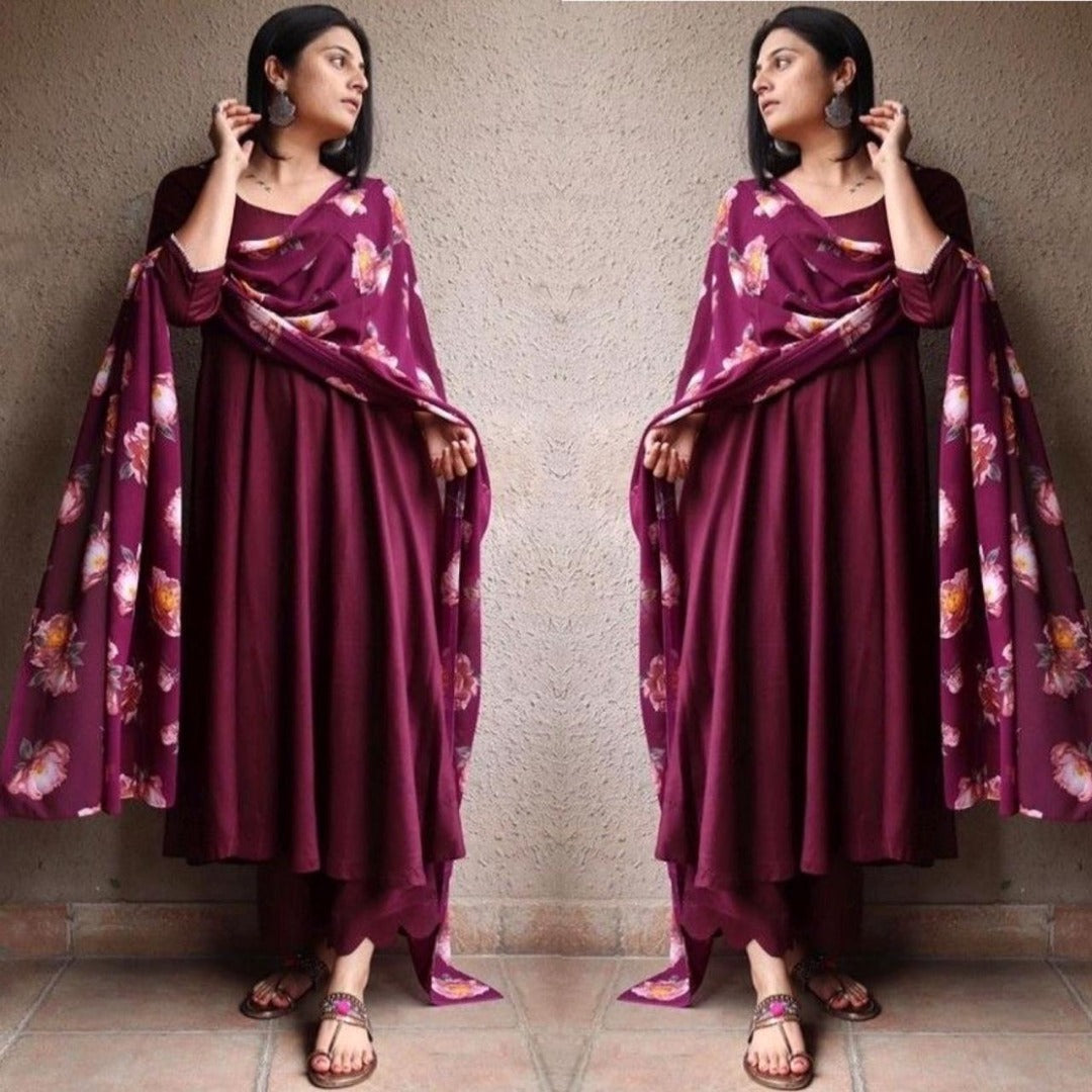 Maroon georgette anarkali suit with printed dupatta