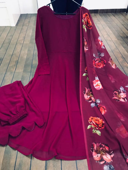 Maroon georgette anarkali suit with printed dupatta