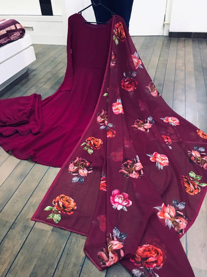 Maroon georgette anarkali suit with printed dupatta