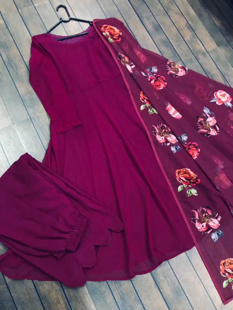 Maroon georgette anarkali suit with printed dupatta