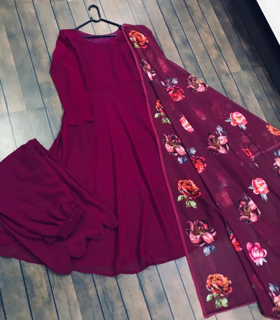 Maroon georgette anarkali suit with printed dupatta