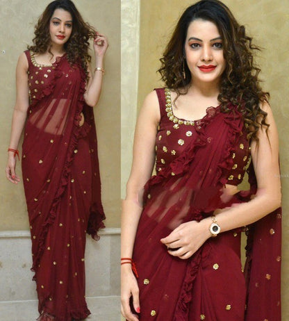 maroon georgette beautiful zari threadwork butti partywear saree