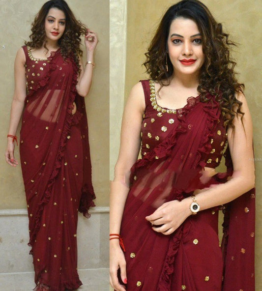 maroon georgette beautiful zari threadwork butti partywear saree