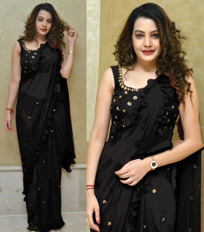 maroon georgette beautiful zari threadwork butti partywear saree