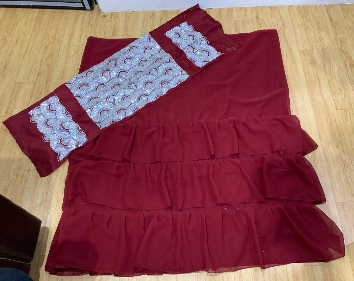 maroon georgette designer ruffle saree with sequence work blouse