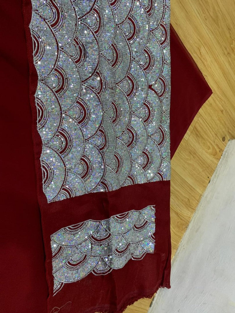 maroon georgette designer ruffle saree with sequence work blouse