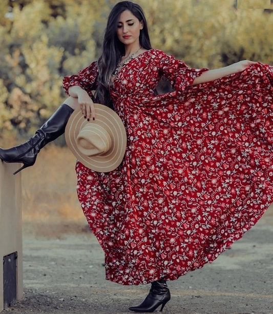 Maroon georgette digital printed gown