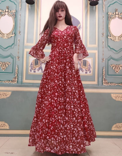 Maroon georgette digital printed gown