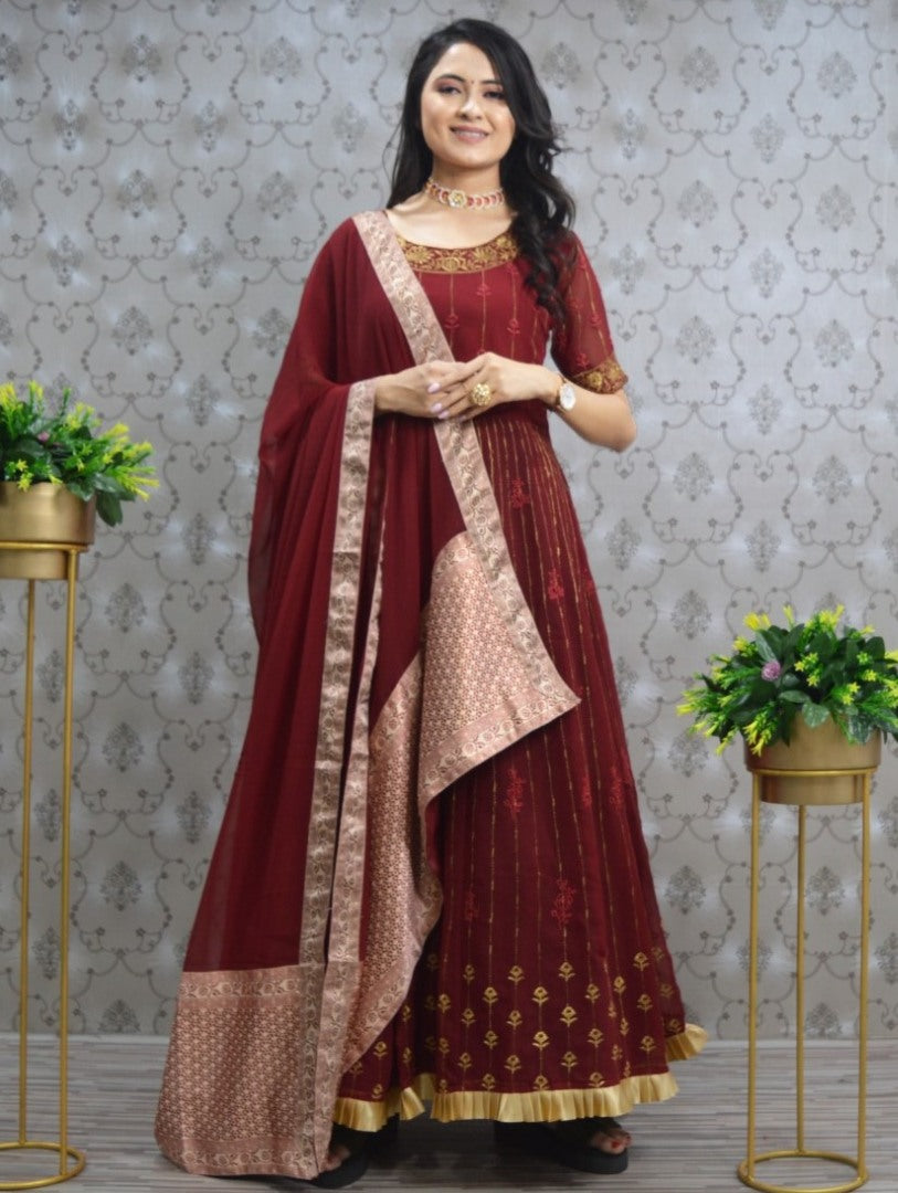Maroon georgette embroidered anarkali suit