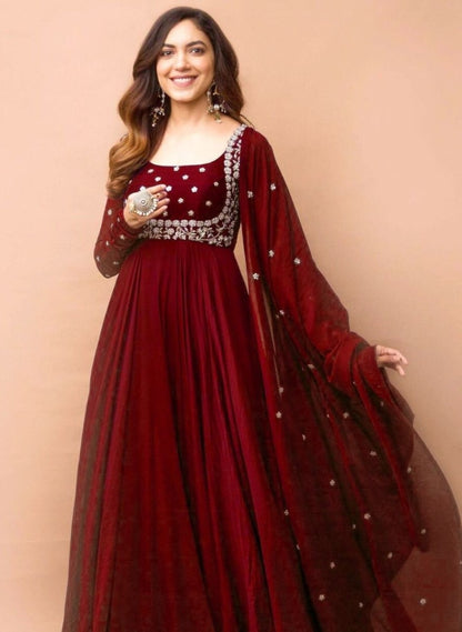Maroon georgette embroidered anarkali suit