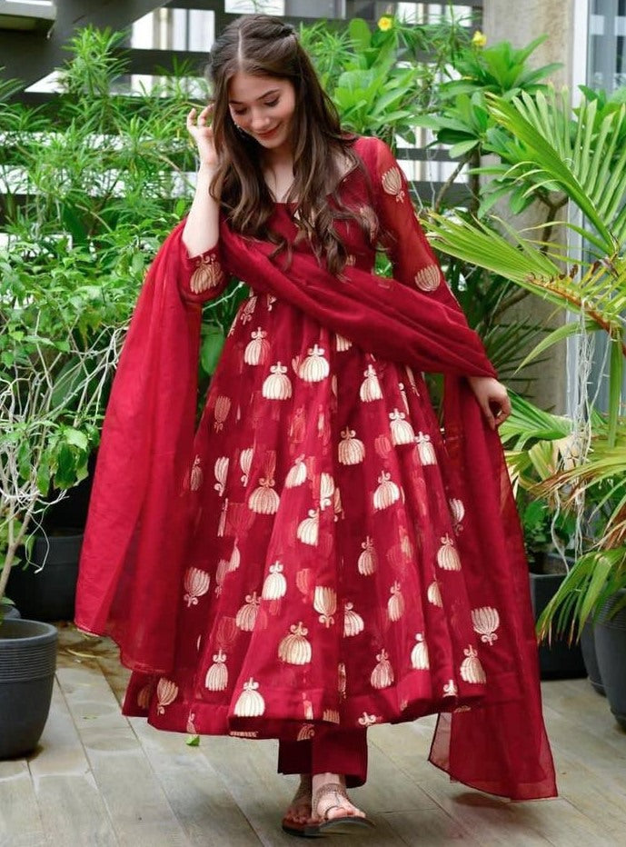 Maroon georgette embroidered anarkali suit