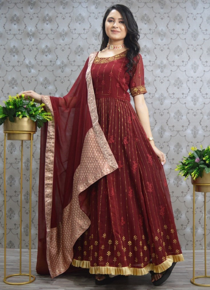 Maroon georgette embroidered anarkali suit