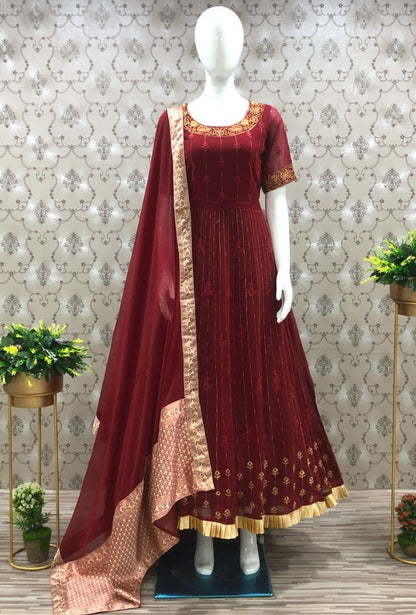 Maroon georgette embroidered anarkali suit