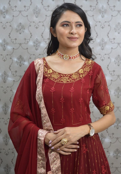 Maroon georgette embroidered anarkali suit