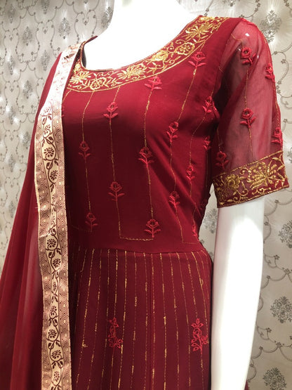Maroon georgette embroidered anarkali suit