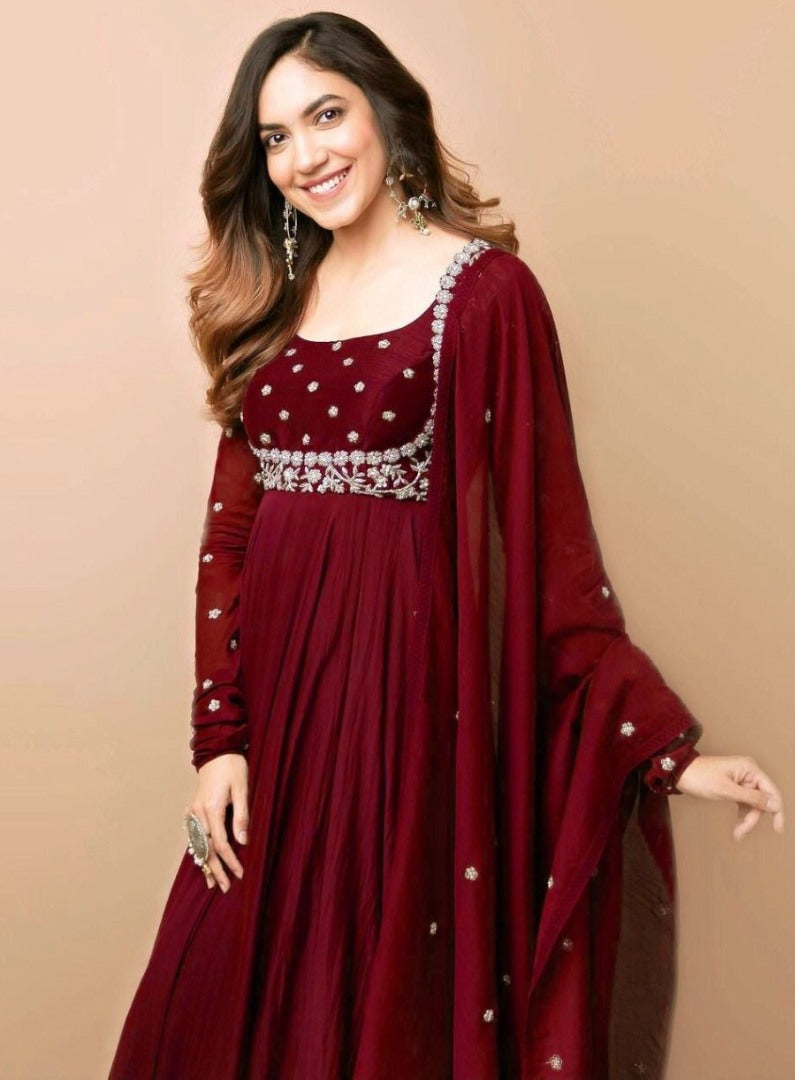 Maroon georgette embroidered anarkali suit