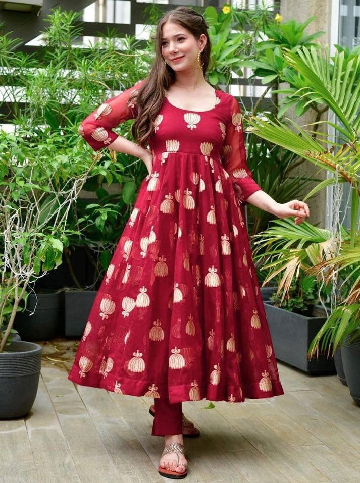 Maroon georgette embroidered anarkali suit