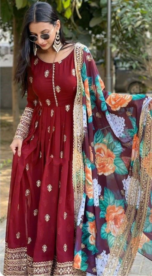 Maroon georgette embroidered anarkali suit with printed dupatta
