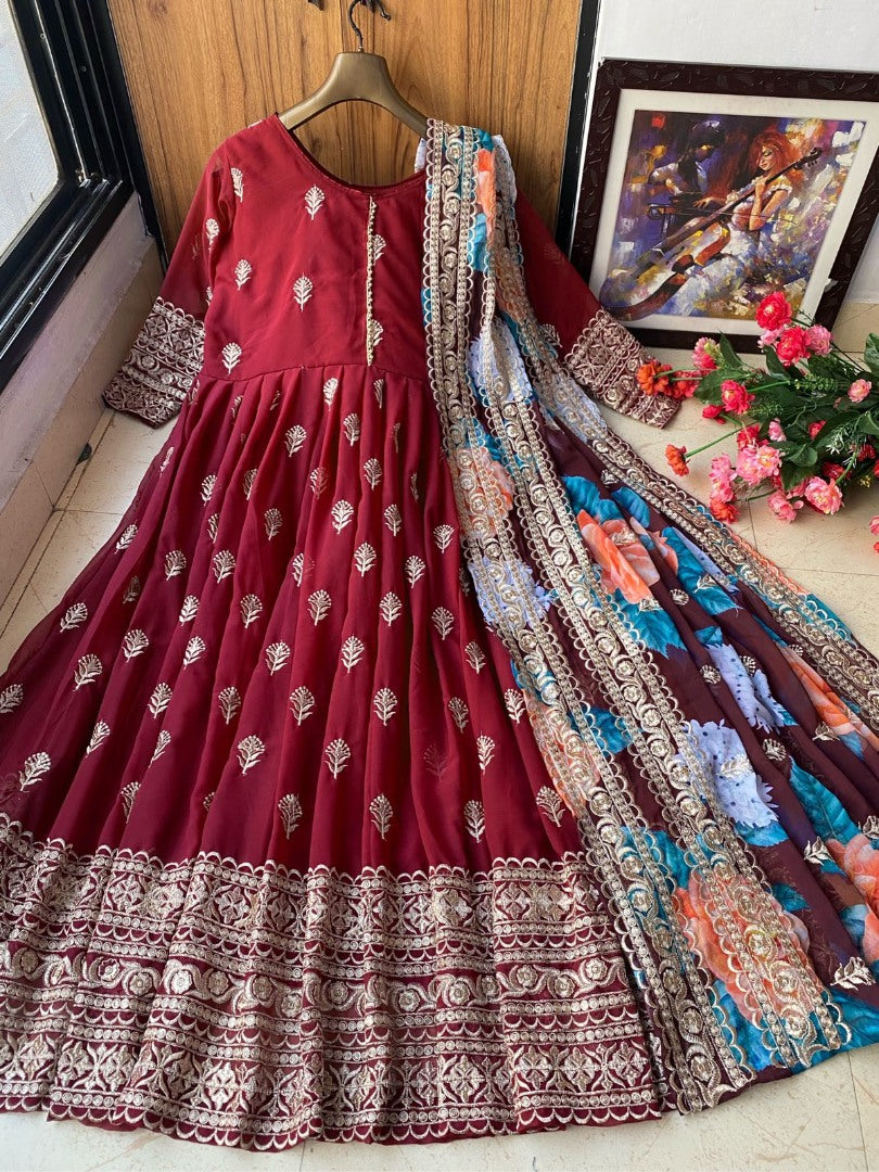 Maroon georgette embroidered anarkali suit with printed dupatta