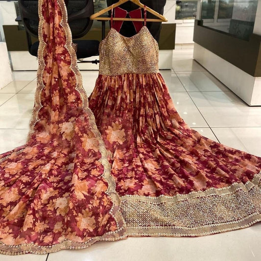 Maroon georgette embroidered and digital printed long gown