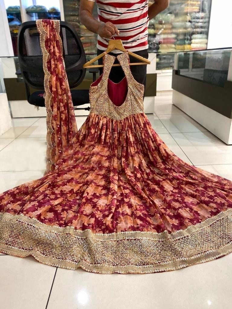 Maroon georgette embroidered and digital printed long gown