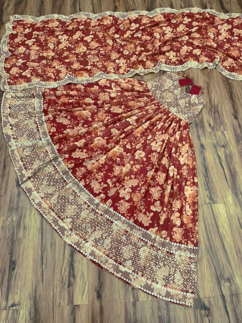 Maroon georgette embroidered and digital printed long gown