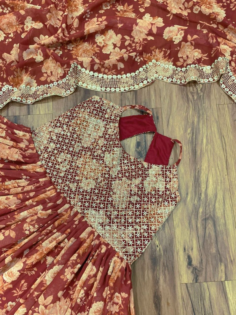 Maroon georgette embroidered and digital printed long gown