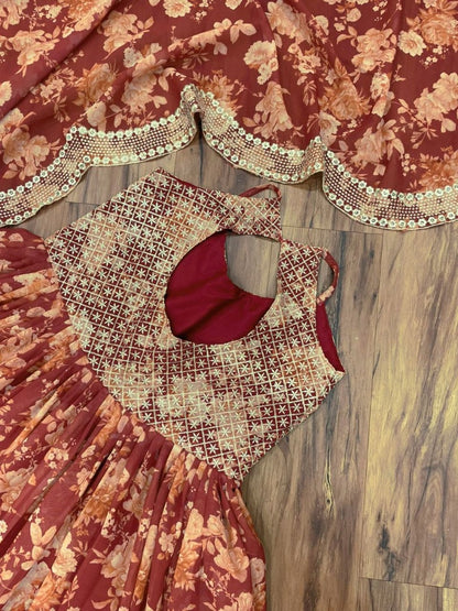 Maroon georgette embroidered and digital printed long gown