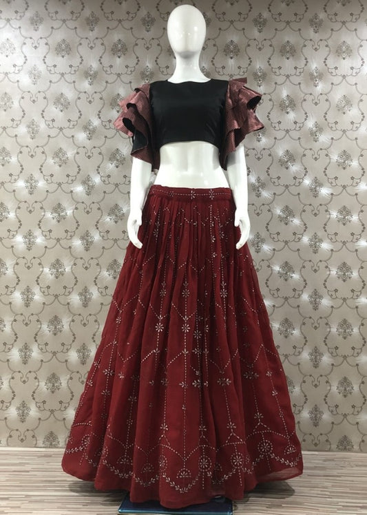 Maroon georgette embroidered crop top lehenga