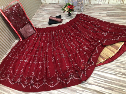 Maroon georgette embroidered crop top lehenga