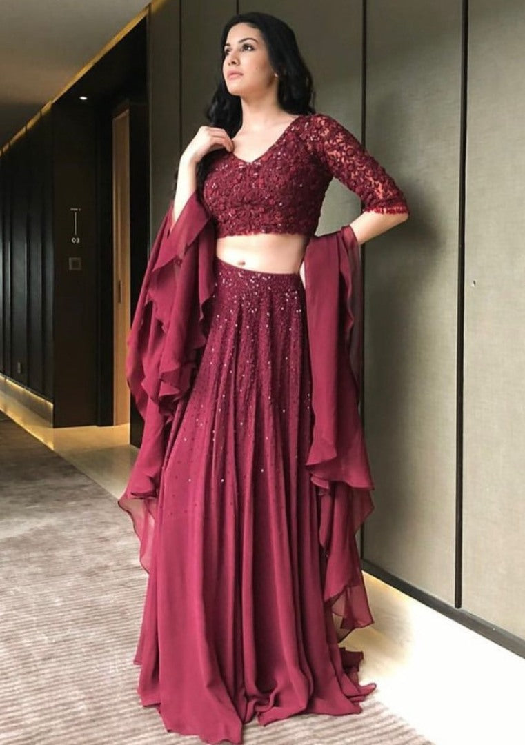 Maroon georgette embroidered lehenga choli