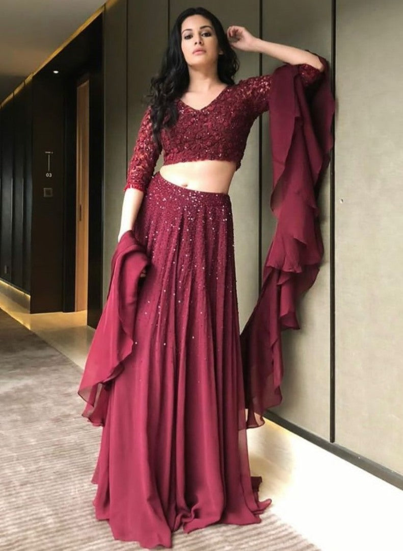 Maroon georgette embroidered lehenga choli