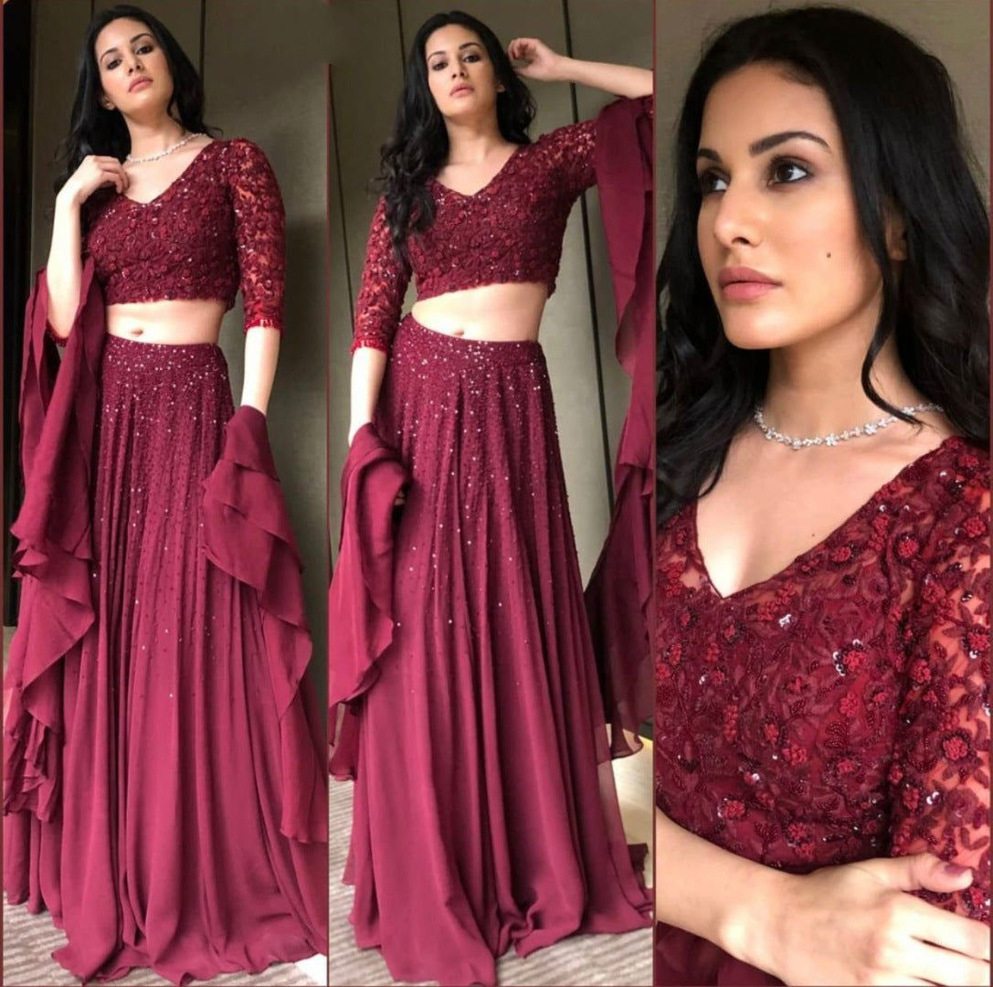 Maroon georgette embroidered lehenga choli