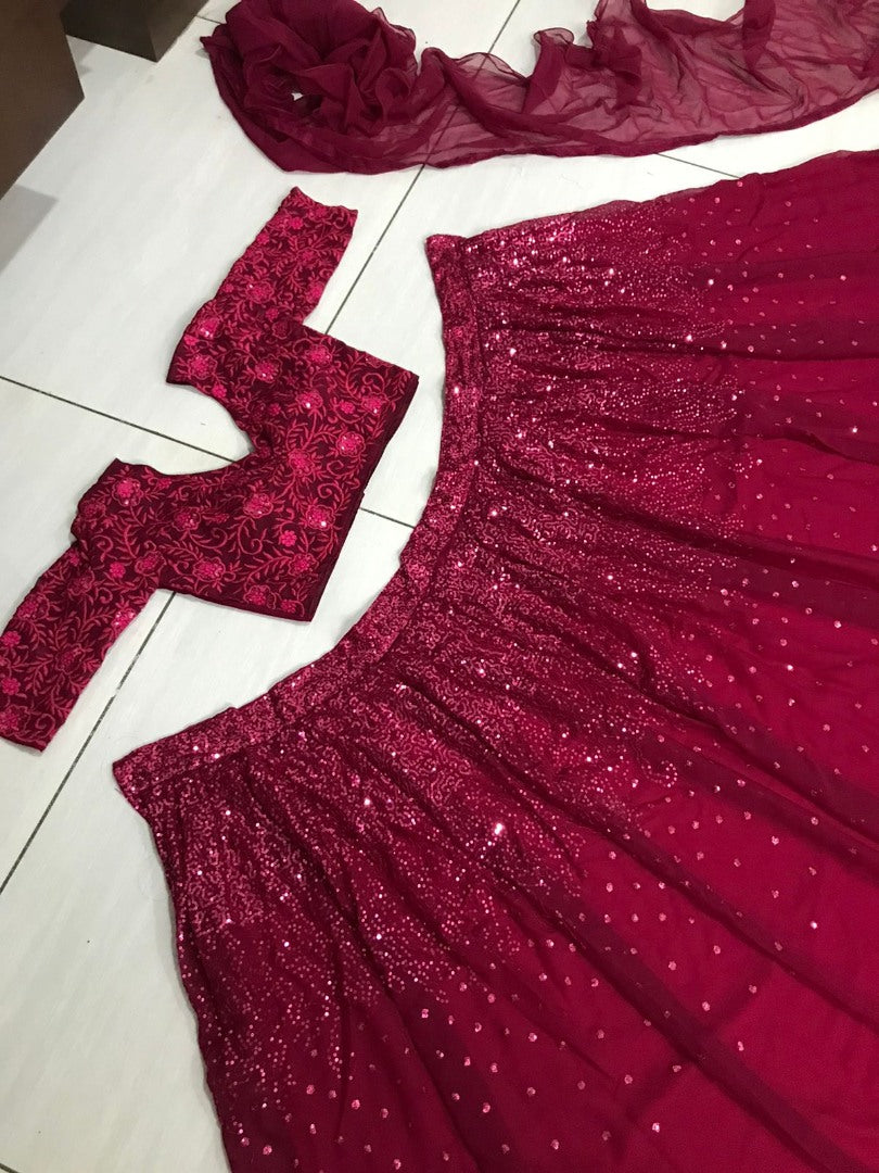 Maroon georgette embroidered lehenga choli