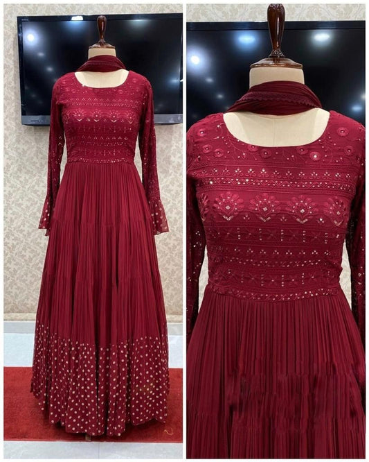Maroon georgette embroidered ruffle layer gown
