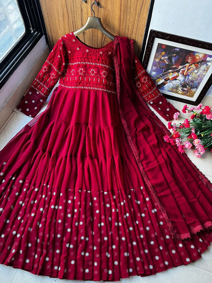 Maroon georgette embroidered ruffle layer gown