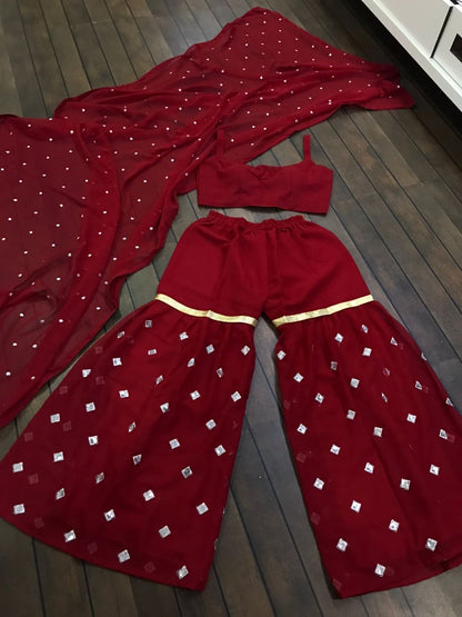 Maroon georgette embroidered sharara suit