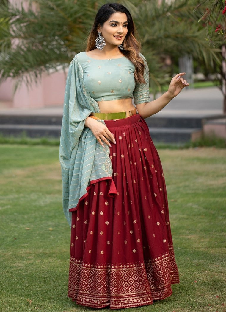 Maroon georgette embroidered wedding lehenga choli