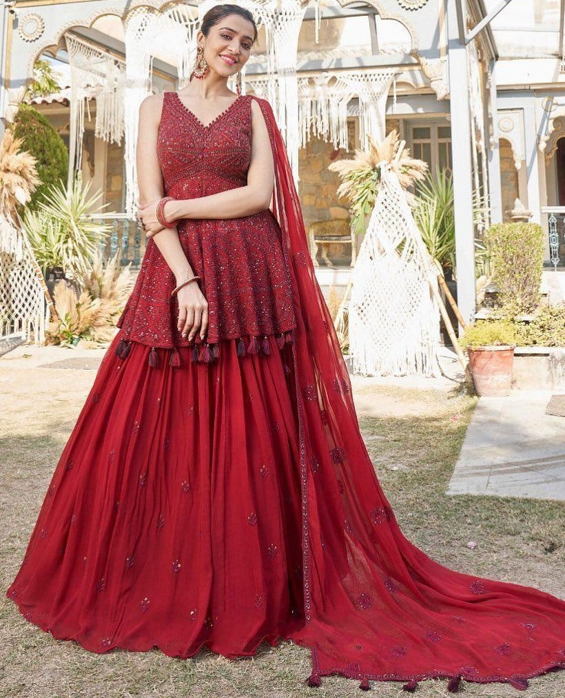 Maroon georgette embroidered wedding lehenga suit