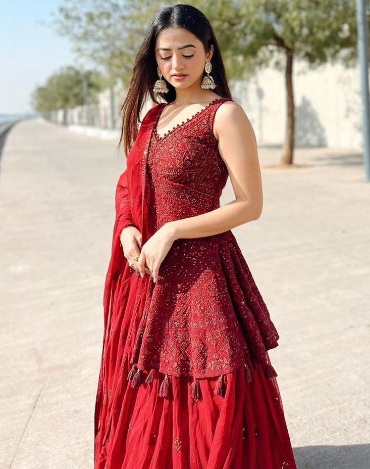 Maroon georgette embroidered wedding lehenga suit