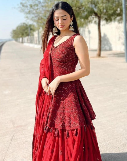 Maroon georgette embroidered wedding lehenga suit